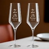 Copas Personalizadas para Boda | Champán y Cava | Anillos, Nombres y Fecha | Cristal de 22 cl grabado a láser, regalo para novios y parejas, aniversario y San Valentín