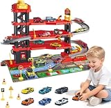 deAO 4 Plantas Garaje Coches para Niños con 6 Coches, Luz y Sonido (Rojo)
