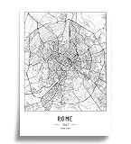 Póster Mapa de la Ciudad A4 Negro Blanco | Papel 250 gr. Cuadro para Salón y Dormitorio | Muchos Patrones de Ciudades | Póster Minimalista | Idea de Regalo Perfecta | Sin Marco | Póster Roma