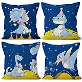 Aoihrraan 40x40cm Juego de 4 Lindo Dibujos Animados Animal Fundas de Cojin Bleu Foncé Ciel Étoilé Dinosaure Planète Cuadrado Corto De Felpa Suave Bebé Funda De Almohada Cabrito Dormitorio Cama