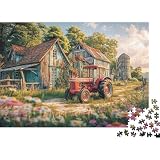 Rompecabezas 1000 Piezas Finca de Tractor Rústico, Material ecológico, Tractor Rojo Granero, Colorido único y Relajante para Toda la Familia, 52x38cm