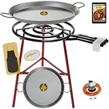 COMBOI Kit Quemador Paellero de gas butano 60 cm, paellera de 70 cm + paellera 42 cm, Regulador de gas, Manguera, Soporte Patas reforzadas, nivel, delantal, libro de recetas digital