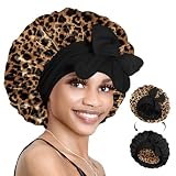 BONNET QUEEN Doble Capa Gorro de Seda para Dormir, Silk Bonnet Reversible para Pelo Rizado, Gorro Satén con Cintas Elásticas Ajustables, Gorro para Dormir para Mujer y Hombre, M, Leopardo