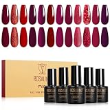 ROSALIND Esmaltes Semipermanentes Rojo 12 Colores Burdeos Oscuro Rojo | Glitter Rojo Pintauñas Semipermanentes, Mini Soak Off UV LED Esmaltes Gel Nail Art Manicure Regalo Valentín