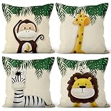 Aoihrraan 40x40cm Juego de 4 Lindo Dibujos Animados Animal Fundas de Cojin Forêt Singe Girafe Floral Plante Beige Cuadrado Corto De Felpa Suave Bebé Funda De Almohada Cabrito Fiesta Sofá Dormitorio