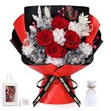 Lewondr Ramo de Flores Conservadas con Jarrón – 4 Rosas y Flores Reales, Ramo Rosas Eternas de Larga Duración, Regalo Eterno para Madre, Esposa, San Valentín Aniversario o Cumpleaños, Rojo