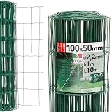 Malla metalica verde PVC 100x50mm, Ø2.2mm, 100cm x 10m, galvanizada | Red de alambre para jardin y gallinero, rollo resistente exterior