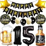 Ouceanwin Decoración Cumpleaños 15 años Niños Niñas, Globos 15 Cumpleaños Oro Negro, Foil Whisky Cerveza Vaso Globo de Vino Botella de Cerveza para Decoracione 15 Fiesta Cumpleaños Niños Niñas