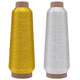 Paquete de 2 hilos para bordar a máquina, 3000 m de hilo de bordado metálico - Hilo de coser dorado y plateado de poliéster para máquina de coser, bordado, uso de overlock, manualidades DIY