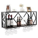 KOMFOTTEU Botellero de Pared Decorativo con Portavasos (100 x 25 x 45 cm) | Estante para Vino, Soporte para Botellas Colgante, 20 kg de Carga por Capa, para Cocina, Bodega, Bar