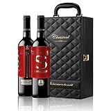 Estuche-Maletín de LUJO con 2 Exclusivos Vinos. Elegante Regalo de Vino Tinto Premium «S» EDICIÓN LIMITADA Etiqueta de Cuero y Set de 4 Accesorios
