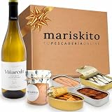 MARISKITO | Caja Regalo Gourmet - Vino Godello y 5 Conservas Gallegas – Pack Delicatessen con Mejillones, Sardinillas, Zamburiñas, Bonito y Ventresca de Atún – Lote Navidad, Empresas y Celebraciones
