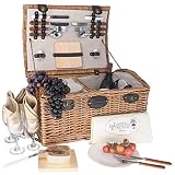 Les Jardins de la Comtesse - Cesta Picnic Gisors de Mimbre - 4 Personas - Compartimiento Isotermo y Platos de Cerámica - Copas de Vino de Cristal - Tela de Color Crema - 48 x 36 x 27 cm