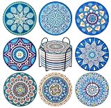 CYYOIEN 8 posavasos de cerámica/corcho, diseño de mandala azul y blanco | Superficie absorbente, protege las superficies de la mesa, para vasos, tazas, tazas y bebidas calientes, mesa de comedor