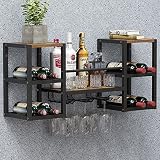VEDECASA Botellero de pared industrial con 3 soportes para vasos de vapor, estante de madera parcial, soporte para botellas de metal, color negro, multifuncional, parte de vino, comedor, cocina