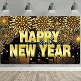 HOWAF Cotillon Nochevieja 2027, Pancarta Feliz Año Nuevo Póster de Tela Cartel Extra Grande Happy New Year Pancarta de Fondo Accesorios Photocall Nochevieja para Decoracion Fin de Año 2027, Oro Negro